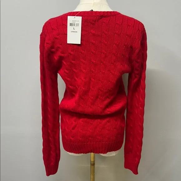 Ralph Lauren Sport Crimson Red Cable Knit V-Neck Sweater Preppy Size Large NWT - Picture 4 of 7